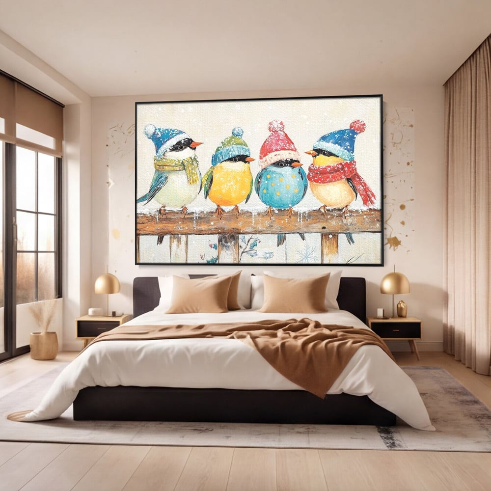 Tablou canvas cu tablou canvas cu vrabiute colorate in iarna, in rama de aluminiu negru, pe perete intr-un dormitor